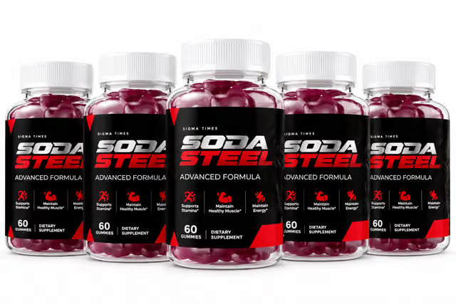 Five bottles of Soda Steel advanced formula gummies lined up, 60 count dietary supplement.