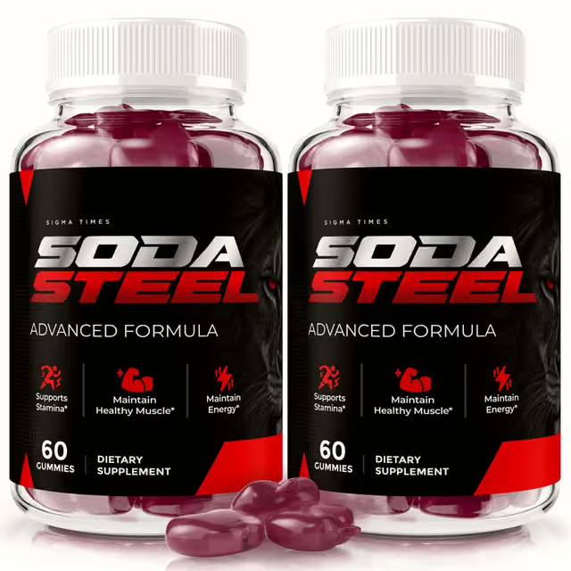 Two bottles of Soda Steel advanced formula gummies, 60 count dietary supplement.